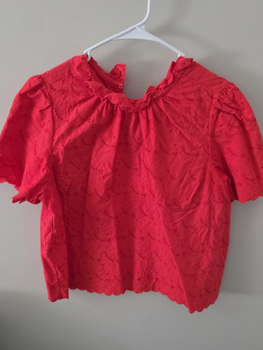 Bright Red Eyelet Ruffle-Neck Women’s Blouse